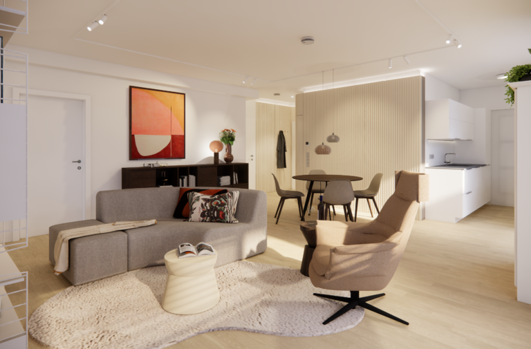 Helles Interior Design des Wohn- und Essbereichs mit gedeckten Farben in einer Single Wohnung in Krems an der Donau, Niederösterreich