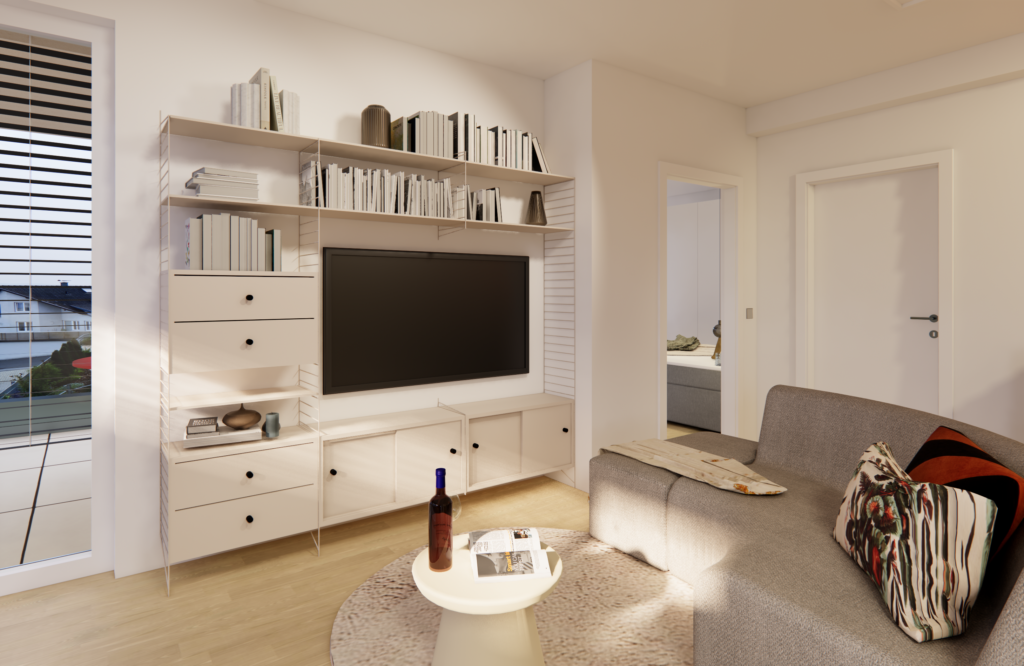 Helles Interior Design des Wohn- und Essbereichs mit gedeckten Farben in einer Single Wohnung in Krems an der Donau, Niederösterreich. Auf der Visualisierung ist die Wohnwand zu sehen.